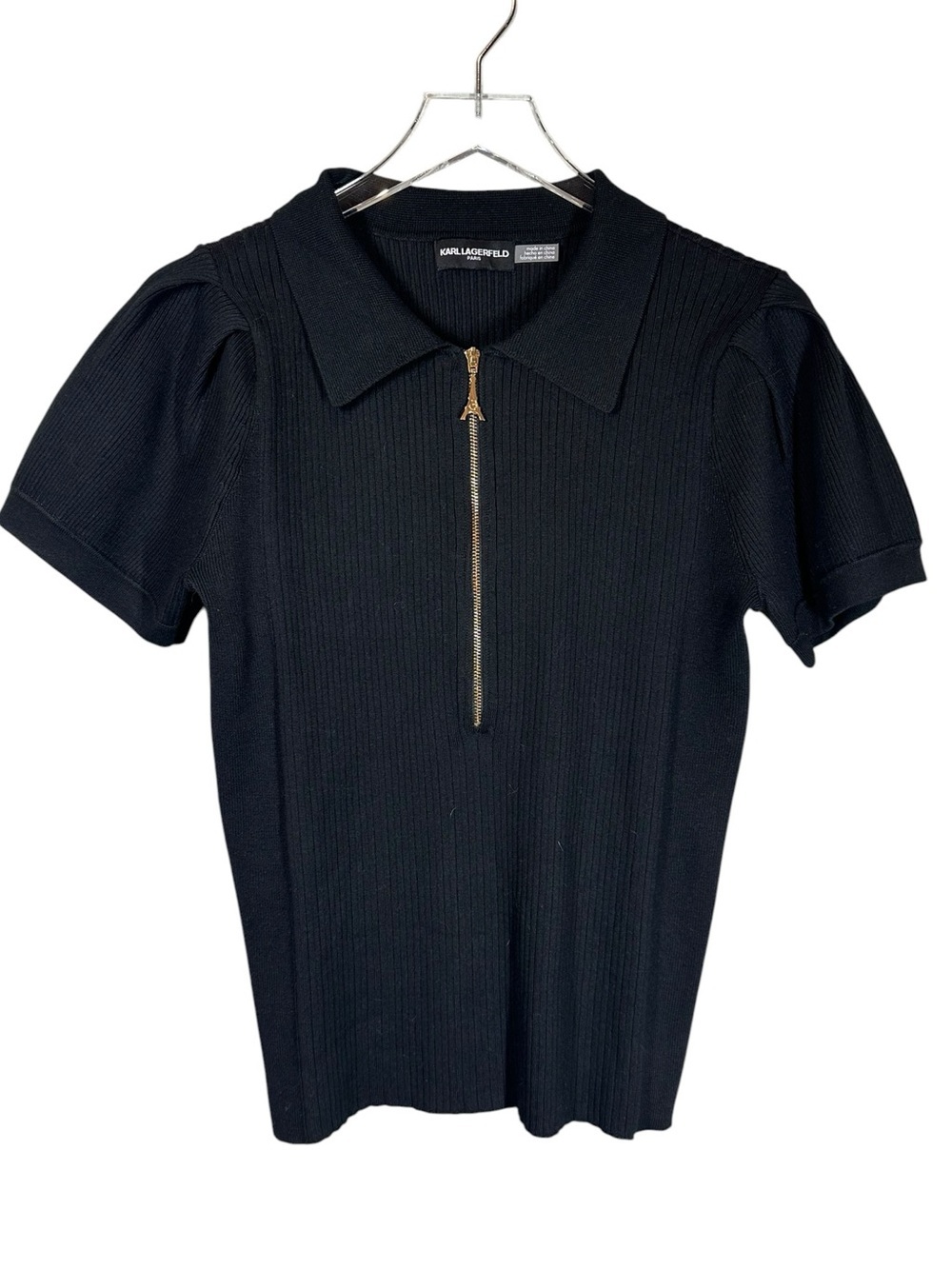 KARL LAGERFELD PARIS Women's Medium Black Ribbed Polo Style Sweater Eiffle Zip